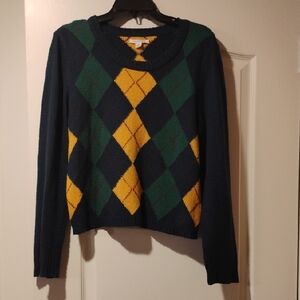 American Eagle Outfitters Navy Crewneck Sweater with Green & Yellow Argyle